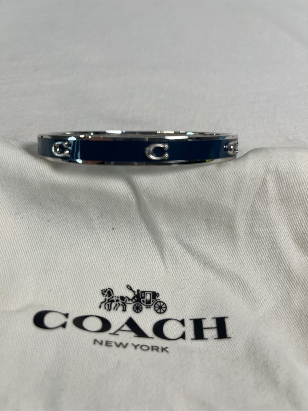 Coach Blue Enamel Signature C Silver Tone Hinged Bangle Bracelet